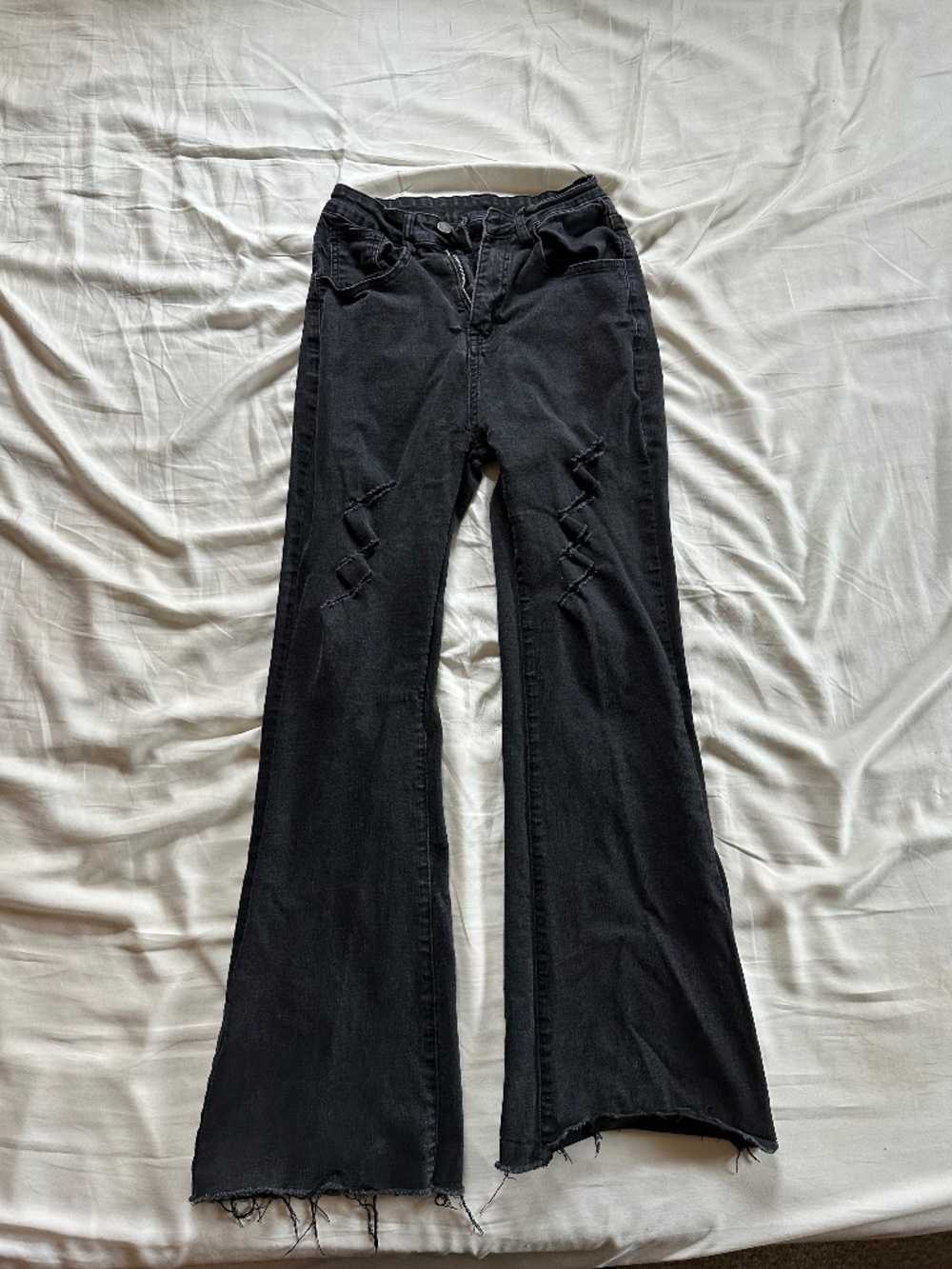 HDLTE Size 8 Black Distressed Flare Jeans Raw Hem Y2K Grunge
